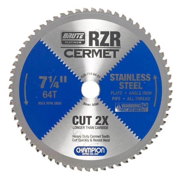 Brute Platinum 7-1/4in Brute RZR Cermet Tipped Circular Saw Blades for Stainless Steel, 64 Teeth, 20mm Arbor CHA RZR-714-64-ST - main